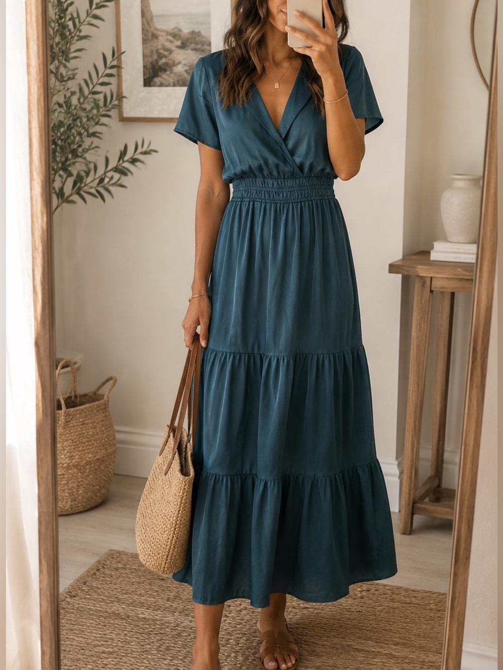 Nicole Miller Teal Tiered Midi Dress with Smocked Waist